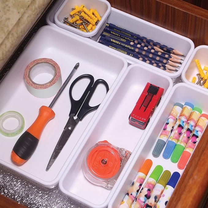 Set of 24 Interlocking Desk Drawer Organizer Tray Dividers Plastic Shallow Narrow Drawers Organizers Separators Storage Bins Container for Kitchen Bathroom Makeup Office Vanity Bedroom Dresser White - Image 6