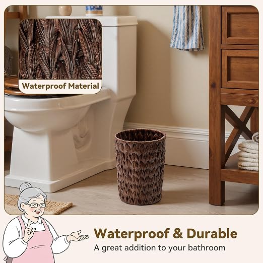 GRANNY SAYS Small Wicker Trash Can, 2 Gallon Bathroom Waste Basket, Small Bathroom Garbage Can, Plastic Trash Basket for Decor, Round Wastebaskets for Office, Bedroom, Cabinet, Brown - Image 2