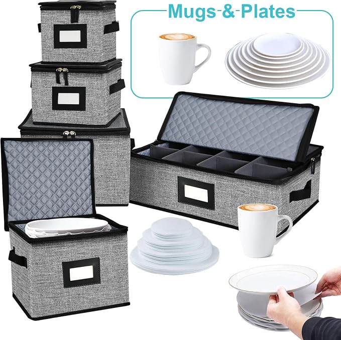 5 PACK China Storage Containers-Quilted Mug Storage and Moving Boxes for Dishes,Dish Packing Supplies for Moving,Dinnerware &Accessories,Holds a total of 48 plates (4 sizes) and 12 cups(Grey) - Image 4
