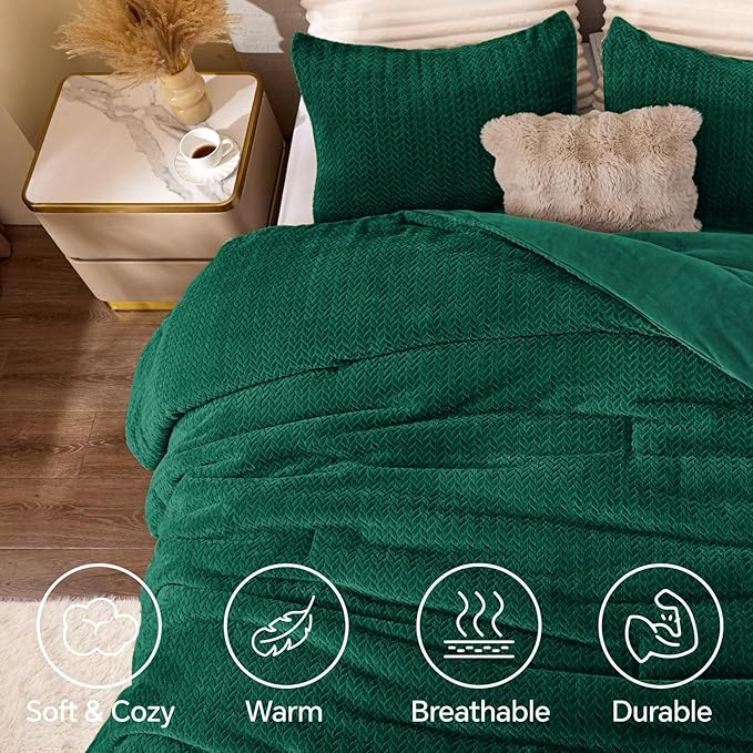 Flannel Fleece Twin Comforter Set - Furry Green Leaves Pattern Faux Fur Bed Set, Winter Ultra Soft Fuzzy Comfort Set, Velvet Bedding Set for Bed with 1 Pillow case
