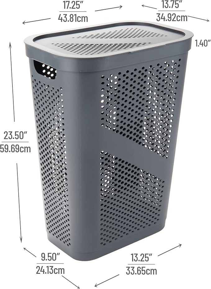 Mind Reader Slim Laundry Hamper with Lid, 60L Clothes Basket, Ventilated Plastic, Gray - Image 3