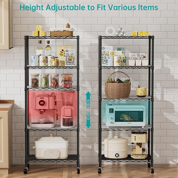 SINGAYE 5 Shelf Storage Wire Shelves Closet Bathroom Organizers Metal Pantry Kitchen Garage Shelving Unit Laundry Room Organization Home Narrow Rack Net Basket with Wheels Black - Image 7