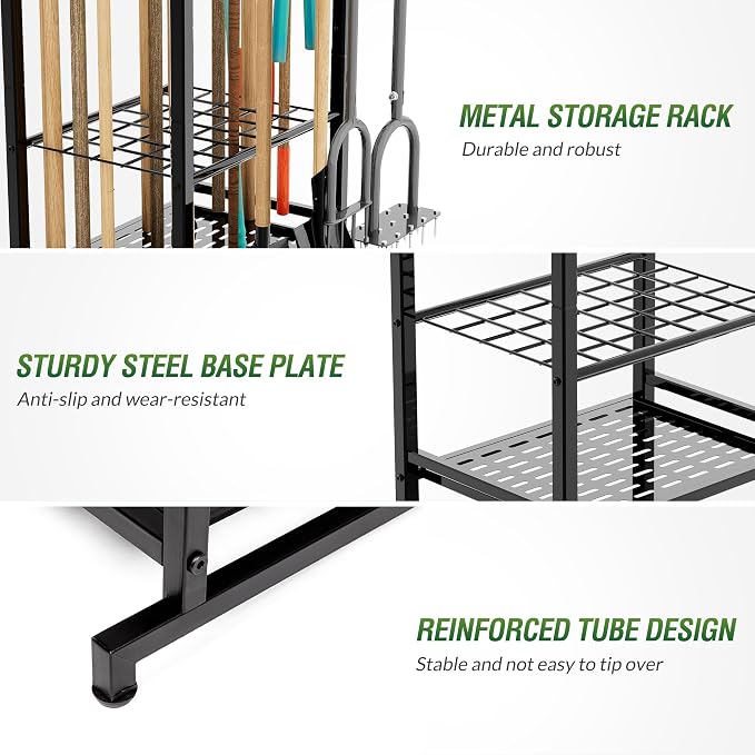 Sttoraboks Garden Tool Organizer Rack Up to 50 Tools, Heavy-Duty Steel Yard Tool Organizer for Garage Storage with 11 Hooks, Broom Holder & Garden Tool Rack for Shed, Patio, Outdoor Use, Black - Image 5