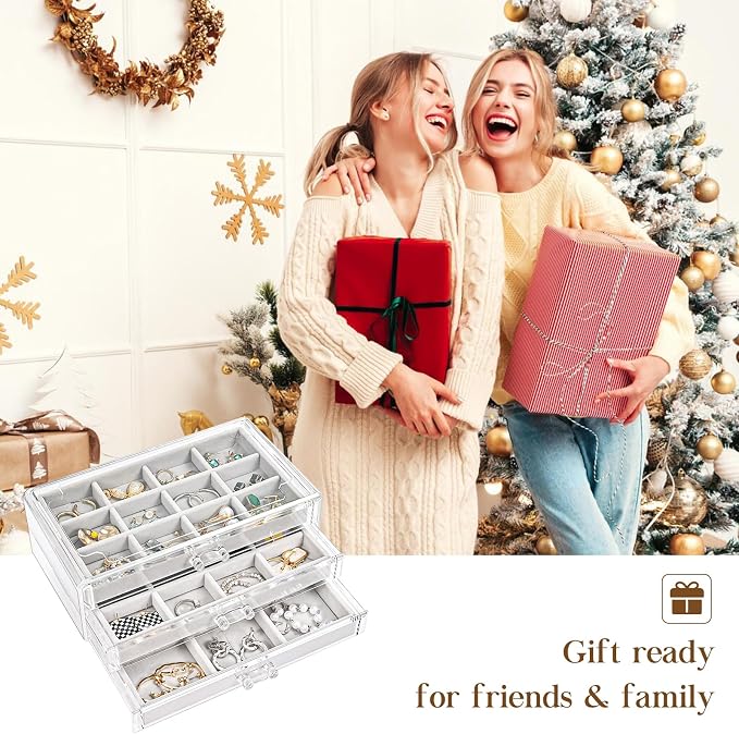 ProCase Earring Holder Organizer Jewelry Box with 3 Drawers, Acrylic Clear Earring Case with Adjustable Velvet Trays for Women - Grey, 3 Layers - Image 7