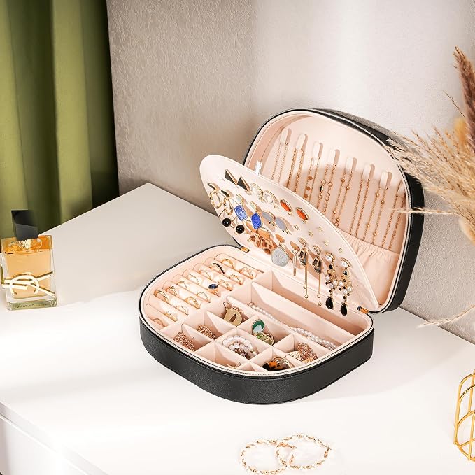 ProCase Travel Size Jewelry Box, Large Portable Seashell-Shaped Jewelry Case, 2 Layer Jewelry Organizer in PU Leather for Women -Black - Image 2