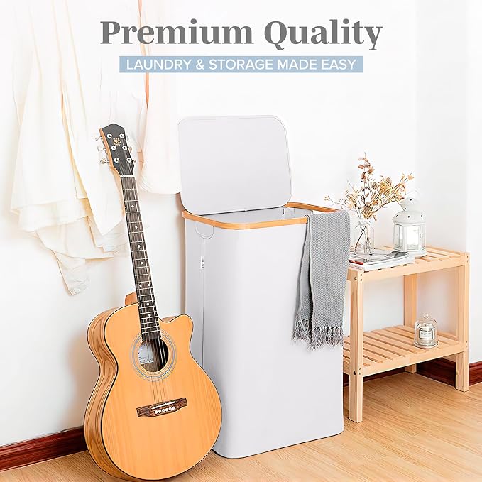 LONBET Laundry Basket with Lid, Made from Breathable Fabric | Aesthetic Clothes Hampers for Laundry with Side Handles & Sturdy Bamboo Frame (26 Gallons - Single, Light Gray) - Image 8