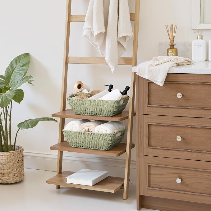 StorageWorks Large Wicker Storage Basket for Organizing with Wooden Handles, Toilet Paper Baskets for Shelf, Bosana Green, 2-Pack - Image 2