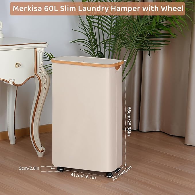 Slim Laundry Basket with Wheels,Narrow Hampers for Laundry,Freestanding Laundry Hamper with Lid&Bamboo Handles,Collapsible & Waterproof Tall Cloth Hamper for Dorm Family(60L Beige) - Image 3