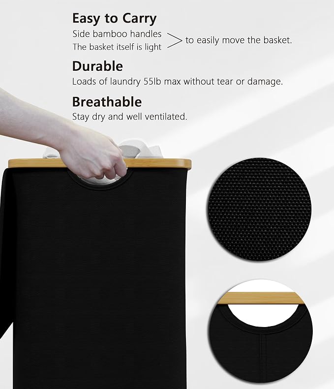 SUOCO Laundry Basket with Lid, 29 Gal (110L) Clothes Hamper with Bamboo Handles, Large Foldable Laundry Hamper for Bedroom, Bathroom, Dorm, Laundry Room - Black - Image 7