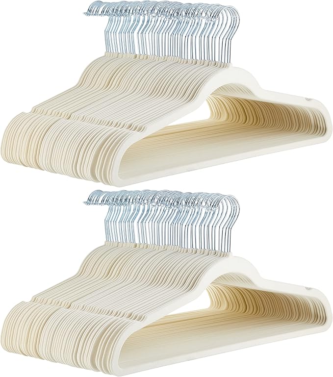 Amazon Basics Slim Velvet Non-Slip Space Saving Suit Clothes Hangers for Closet Organization, Ivory/Beige, 100-Pack by AmazonBasics