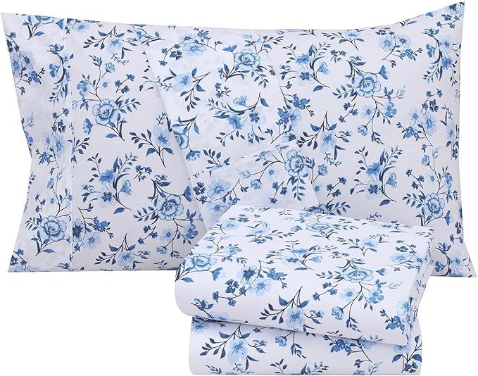 RUVANTI 100% Cotton Sheets – California King Percale Bedding, Cooling & Breathable Floral Design, Durable with a Crisp, Soft & Comfortable Feel, 14" Deep Pocket, 4-Piece Set, Annual