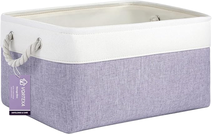 Large Storage Baskets- 15.7x11.8x8.26 inch Storage Bins for Shelves and Closet Organizing, Foldable Fabric Bin for Home Organization Clothes and Laundry (1-Pack, White&Purple) by VQRTEXAStorageBasket