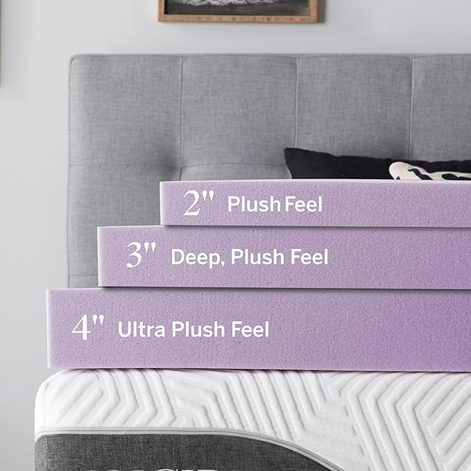 Lucid 2 Inch Lavender Memory Foam Mattress Topper, Queen Size – Essential Oil Infusion – Plush Feel, Pressure-Relieving Bed Topper – Ventilated and Breathable – CertiPur Certified