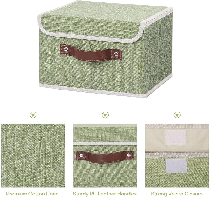 ANMINY Storage Bin with Lid Storage Boxes with PU Leather Handles PP Plastic Board Decorative Foldable Lidded Cotton Linen Fabric Home Cubes Baskets Closet Organizer Container - Green, Small Size - Image 3