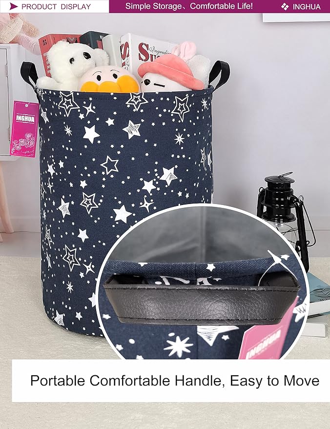 Laundry Hamper Large Canvas Fabric Lightweight Storage Basket/Toy Organizer/Dirty Clothes Collapsible Waterproof for College Dorms, Boys and Girls Bedroom,Bathroom(Blue star) - Image 6