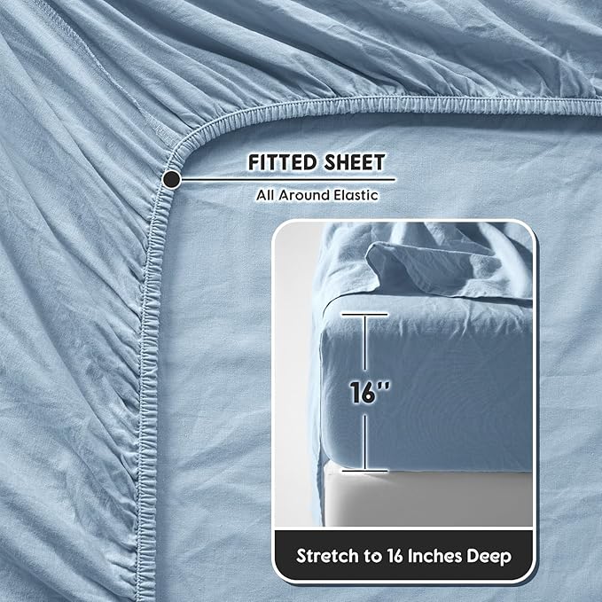 SONORO KATE 100% French Pure Linen Sheets, Breathable and Durable, 16 Inch Deep Pocket - 4 Piece (Dusty Blue, California King)