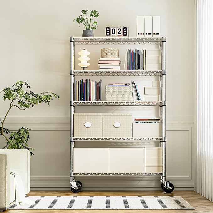 IZEUK 5-Tier Storage Shelving Unit with Wheels, Adjustable Heavy Duty Steel Wire Rack Organizer (Chrome, 17.7" D x 47.2" W x 76.7" H, 1750 lbs Capacity) for Garage, Kitchen, Pantry, Laundry, Basement - Image 7