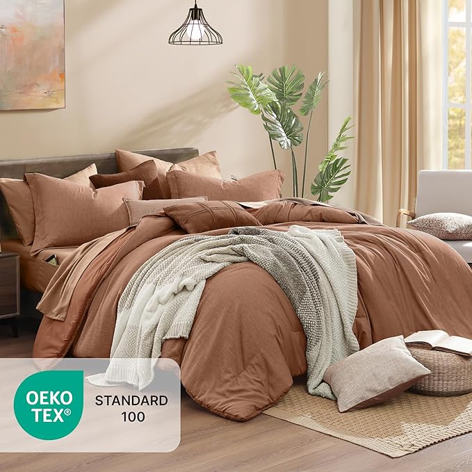 Monbix Super King Plus Comforter Set, Autumn Leaf Cationic Dyeing Bedding Set Reversible, Bed in a Bag 7 Pieces with Comforter, Sheets, Pillowcases & Shams