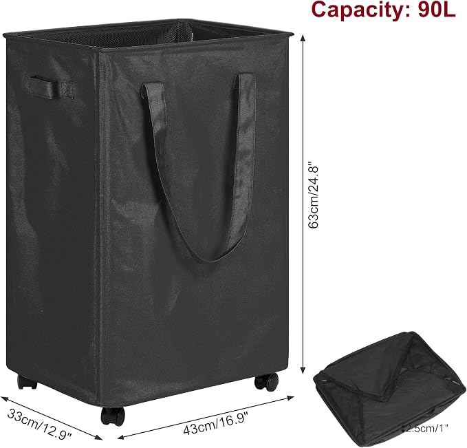 efluky Slim Laundry Hamper with Wheels, Rolling Laundry Basket for Clothes, Small Laundry Basket for Bedroom, Dorm and Laundry Room, 90L (19.8 Gallons) Black - Image 2