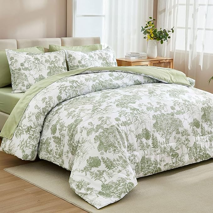 DJY California King Size Comforter Set,Sage Green Botanical Comforters with Sheets Elegant Plants Print Soft Microfiber Reversible Complete Bedding Sets for All Season