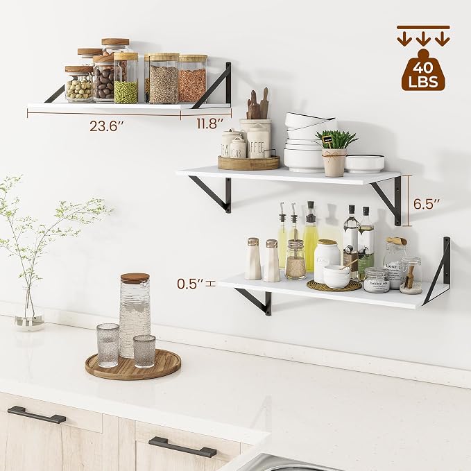 Heimlove 24" W x 12" D Wall Shelves for Books, 12 Inch Deep Floating Shelves Set of 3, Wide Floating Bookshelf with Metal Bracket for Living Room, Kitchen, Office, Bedroom and Decor Storage - White - Image 3
