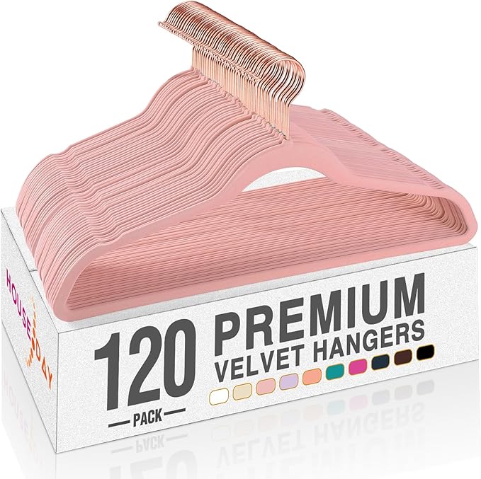 HOUSE DAY Pink Velvet Hangers 120 Pack, Premium Non-Slip Felt Clothes, Sturdy Heavy Duty Coat, Durable Hangers for Suits, Space Saving with No Hanger Mark, 360° Swivel Rotating Rose Gold Hook by HOUSEDAY