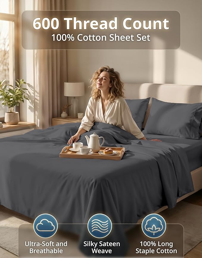 LANE LINEN California King Sheet Sets - 600 Thread Count Premium Sateen Weave - 100% Cotton Sheets for Hotel Quality Softness - 15'' Deep Pocket for Snug Fit to Your Mattress - Charcoal