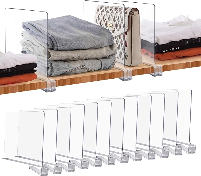 JOY DECOR 12 Pack Acrylic Clear Shelf Dividers for Closets Organizer and Storage Adjustable Vertical Wood Shelf Closet Separators for Clothes,Book,Bags in Bedroom and Kitchen by JOY+DECOR