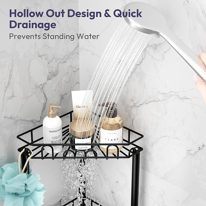 SWTYMIKI Standing Shower Caddy Corner - 4‑Tier Stainless Steel Shower Organizer Shelf with 16 Hooks and Adhesive Pads, Rustproof Corner Shelves Stand Rack for Bathroom Shower Room, Black - Image 3