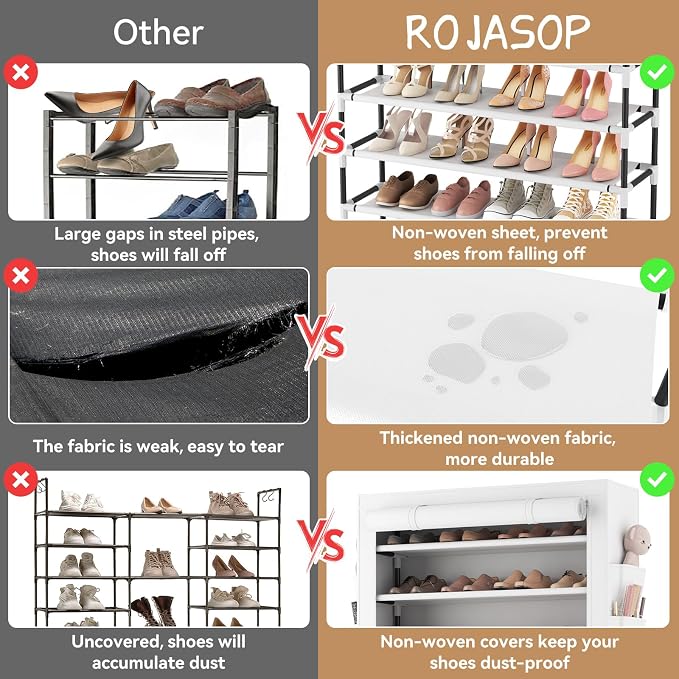 ROJASOP Shoe Rack with Covers 10 Tier Large Shoe Organizer Tall Shoe Closet Storage for 50-55 Pairs Shoe and Boot, Free Standing Shoe Rack Organizer for Closet, Entryway, Bedroom, White - Image 7