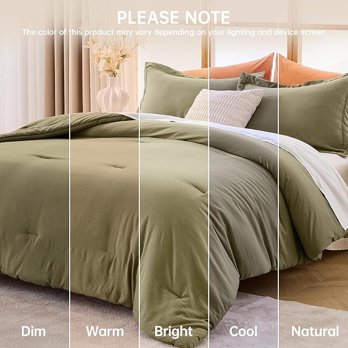 MUXHOMO Queen Comforter Set, All Season Ultra Soft Down Alternative Bedding - 3 Piece Lightweight Bed Set Includes 1 Comforter (90"x90") and 2 Pillow Shams (20"x26"), Olive Green