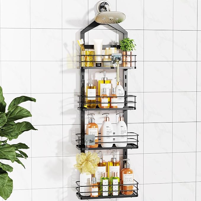 ODesign 4 Tier Height-Adjustable Shower Caddy Hanging Anti-Swing-Over The Shower Head Caddy-Sho wer Storage Organizer Bathroom Shelves Basket Caddies-Black by ODesign