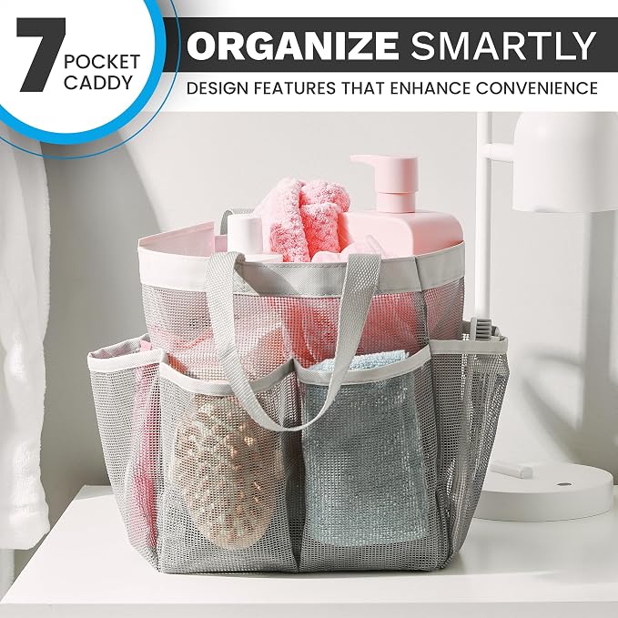 Handy Laundry Mesh Shower Caddy – 7 Pocket Portable Organizer Tote for College Dorm, Gym, Travel & Bathroom – Quick Dry, Collapsible, Lightweight Shower Bag with Handle (Gray) - Image 5