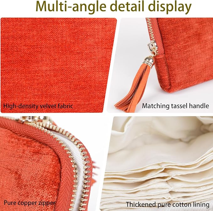 ASINGYER Travel Jewelry Storage Bag for Women, Velvet Portable Jewelry Organizer with Tassel Zipper, Small Pouches for Bracelets Necklaces Rings Earrings, Wedding Gift for Women (orange) - Image 5