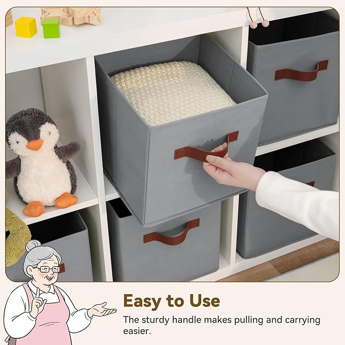 GRANNY SAYS 11 Inch Cube Storage Bins, 6 Pack Foldable Cube Storage Organizer, Fabric Storage Bins with PU Handle, Clothing Storage Baskets for Shelves, Closet, Grey, 6-Pack - Image 5