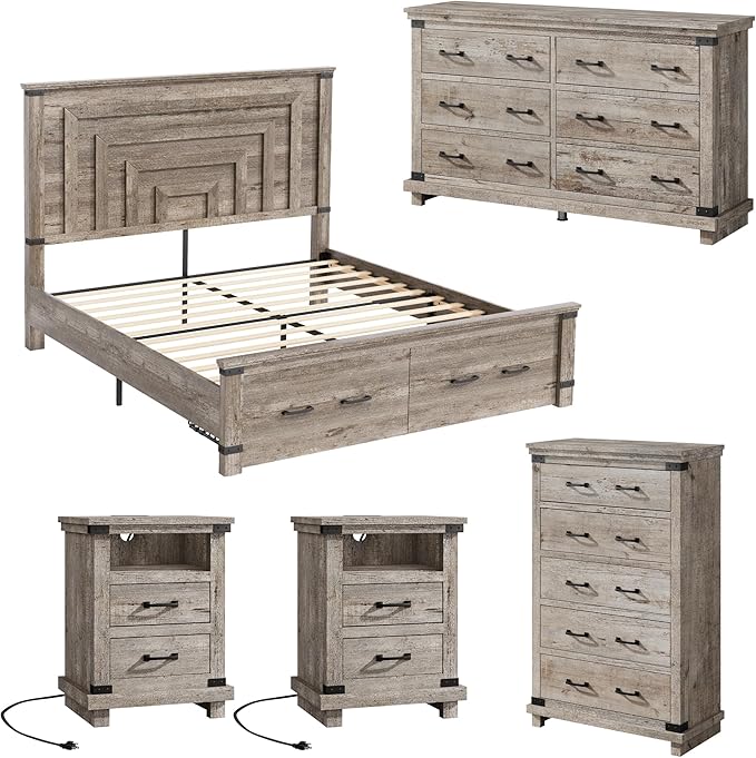 AMERLIFE 5 Pieces Farmhouse Bedroom Set, Includes Rustic Queen Bed Frame with 54" Tall Headboard, 6 Drawer Dresser, 5 Drawer Tall Chest, Nightstands Set of 2 with Charging Station, Rustic Grey