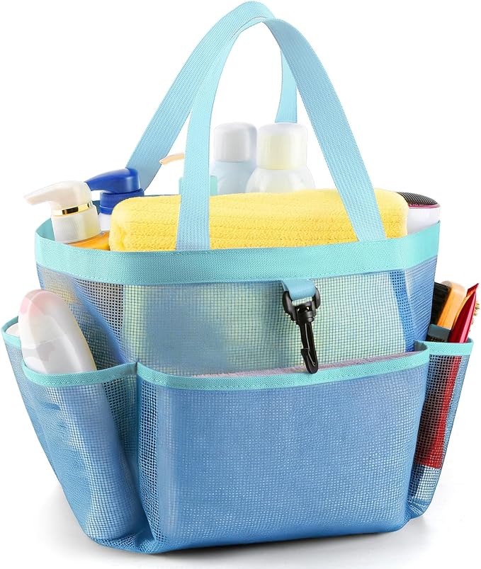 LOYEE Mesh Shower Caddy Portable for College Dorm Room Essentials with 8 Pockets, Shower Bag for Beach, Swimming, Gym, Travel, Bathroom(All blue) by LOYEE