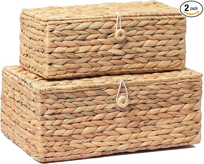 LUSYDECO Set of 2 Rectangular Wicker Storage Bins with Lid, Rattan Basket Decorative Boxes, Multipurpose Organizer Display Boxes for Shelf Organizer, Boho Rattan Box for Home Decoration by RattanWebbingMeshRolls