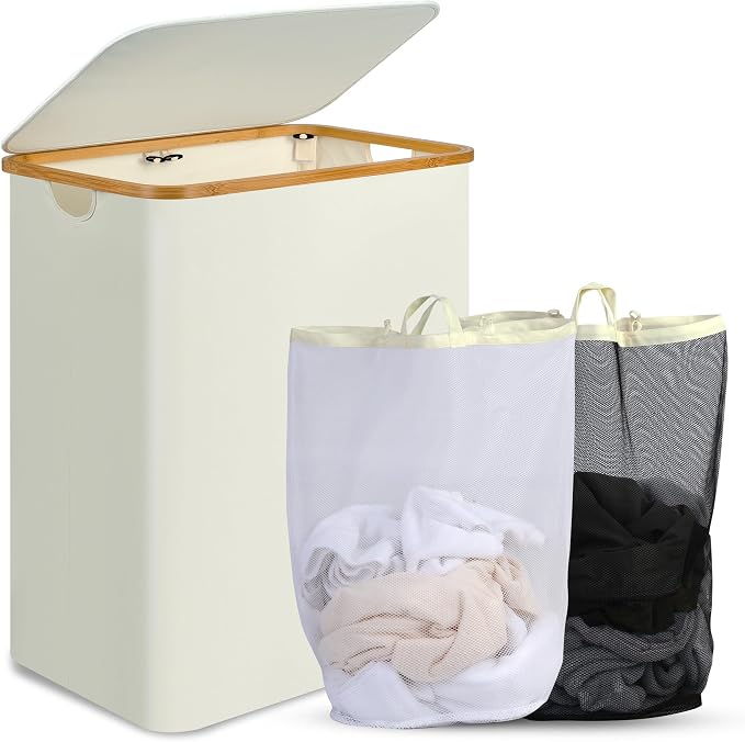 efluky Laundry Hamper with Lid, 160L Tall Laundry Basket with Bamboo Handles for Clothes and Toys, Collapsible Laundry Hamper with 2 Inner Bags for Bedroom and Bathroom, Beige by efluky