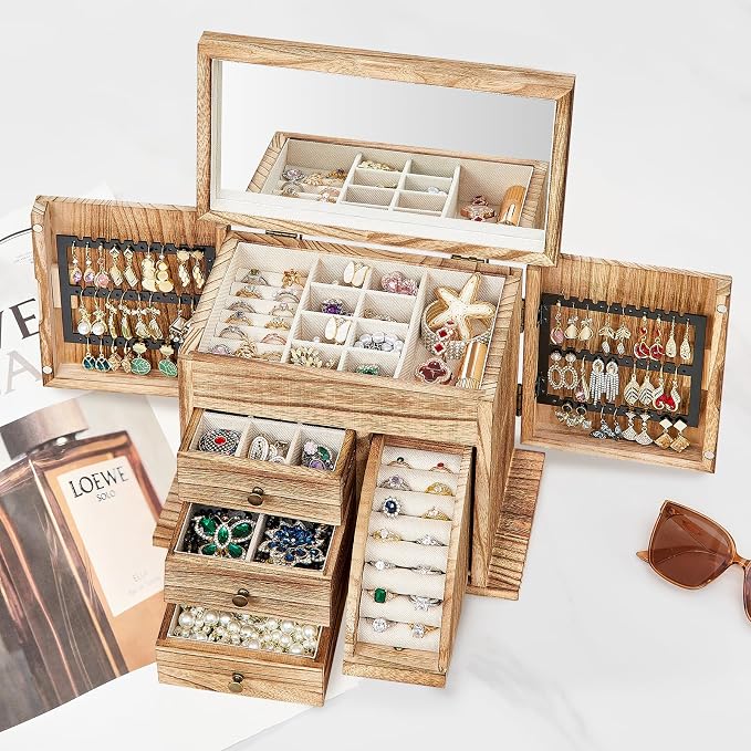 Poyilooo Jewelry Box Organizer, Solid Wood Jewelry Boxes fow Women with Mirror, Double Layer Jewelry Organizer Box Display Earring Necklace Bracelet Ring, Rustic Style Small Jewelry Box for Girls - Image 6