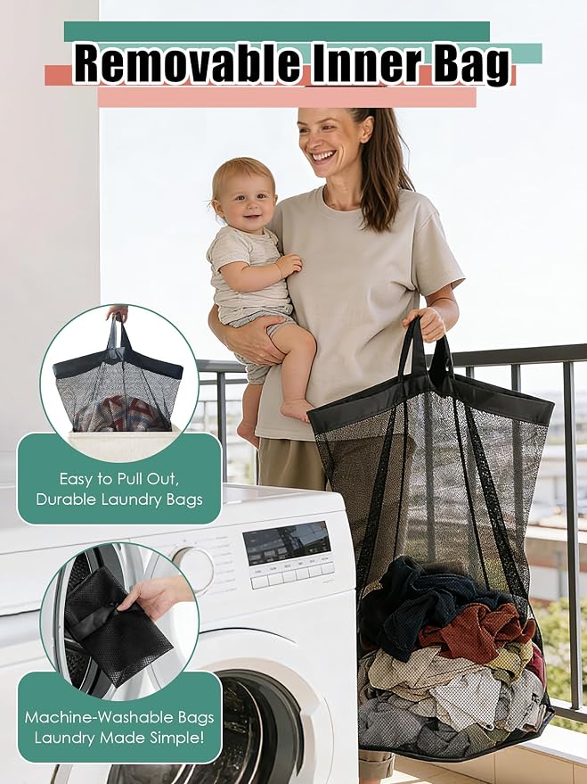 WTREE Laundry Hamper with Lid, Reinforced Sturdy Clothes Hamper with Anti-Puncture Base, Large Collapsible Laundry Basket with Removable Liner Bag, Tall Dirty Clothes Bin for Family, 100L Cream - Image 3