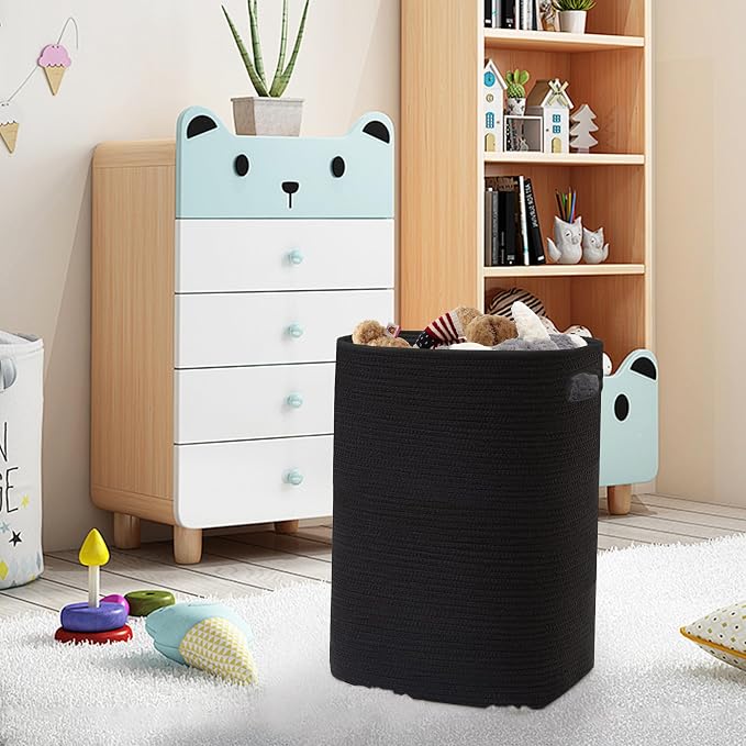 MEGASKET Large Laundry Hamper 16"x13"x22" - Tall Woven Laundry Basket, Cotton Rope Dirty Clothes Hamper, Baby Kids Nursery Wicker Laundry Basket, Bedroom Aesthetic, Soft Laundry Bin, Black Hamper, 75L - Image 8