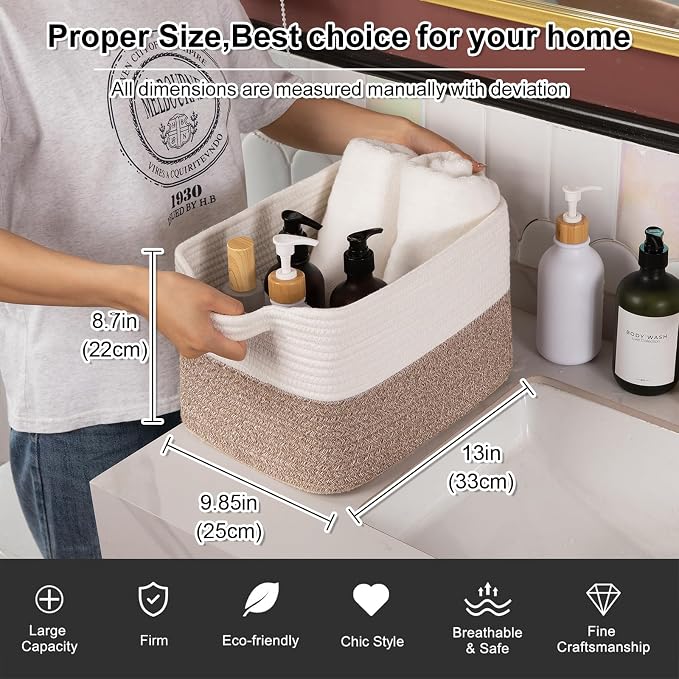 OIAHOMY Woven Storage Basket for Shelves, Rectangle Cotton Rope Baskets for Organizing, 13 x 10 x 9 in, Storage Bins for Dog Toys,Towel,Books,Gift,Flax Brown and White - Image 3