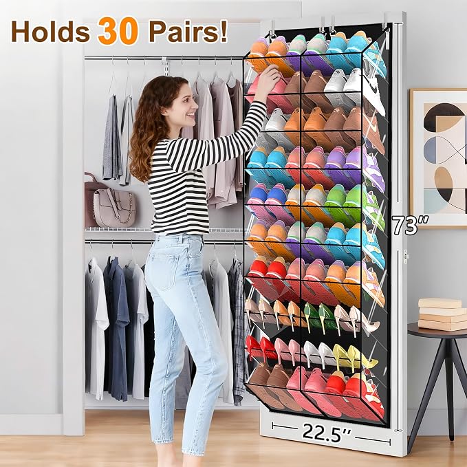 20-30 Pairs Over the Door Shoe Organizer, Transparent PVC Hanging Shoe Rack for Closet, 10-Tier Door Shoes Storage, Crystal-Clear Visibility Fit All the Family's Sneakers, Boots, Heels, Black Frame - Image 2