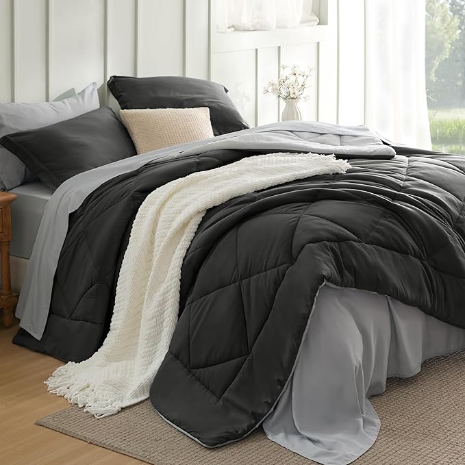 Bedsure Twin Comforter Set - 5 Pieces Reversible Charcoal Grey Bedding, Twin Size Bed Set for All Seasons, Bed in a Bag with Down Alternative Comforter, Sheets, Pillowcase & Sham