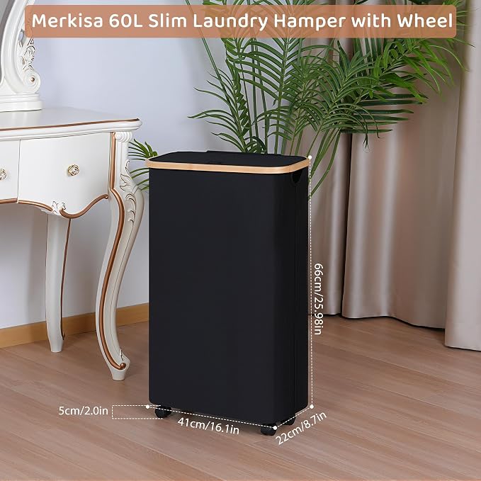 Slim Laundry Basket with Wheels,Narrow Hampers for Laundry,Freestanding Laundry Hamper with Lid&Bamboo Handles,Collapsible & Waterproof Tall Cloth Hamper for Dorm Family(60L Black) - Image 2