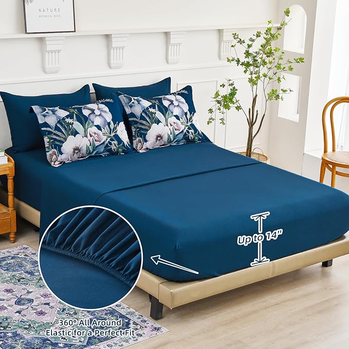 Luxudecor Floral Comforter Set King Size 7 Piece, Navy Flower Bed in a Bag, Elegant Comforter Bedding Set for All Season (Navy, 104"x90")