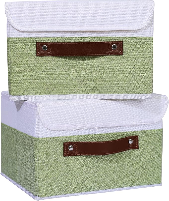 ANMINY 4PCS Storage Boxes with Lid Washable Decorative Storage Bins Basket with PU Leather Handle Foldable Linen Fabric Storage Cubes Containers for Home Closet Organizer - Green White, Small Size - Image 2