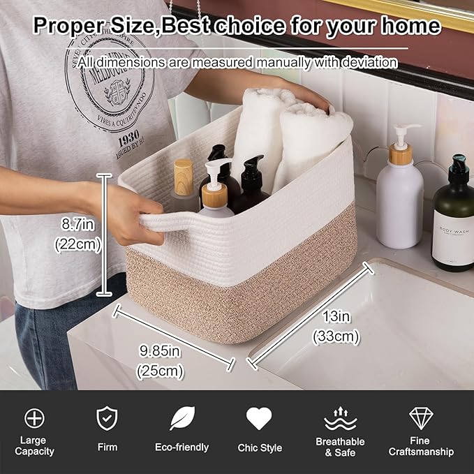 OIAHOMY Woven Storage Basket for Shelves, Rectangle Cotton Rope Baskets for Organizing, 13 x 10 x 9 in, Storage Bins for Dog Toys,Towel,Books,Gift,Brown and White - Image 4