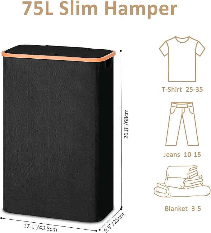 Vincona Slim Laundry Basket with Lid, Narrow Dirty Clothes Hampers for Laundry with Handle, Skinny Laundry Bin for Laundry Room, Dorm, Bedroom and Bathroom, 19.8 Gallon (75L) Black - Image 4